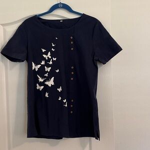 Navy Blue Butterfly Print Women's Top